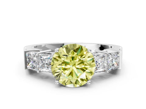 White gold Fancy Yellow Round Cut Solitaire Princess Side Stone Engraved Band Prong Setting Ring_24