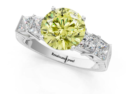 White gold Fancy Yellow Round Cut Solitaire Princess Side Stone Engraved Band Prong Setting Ring_25