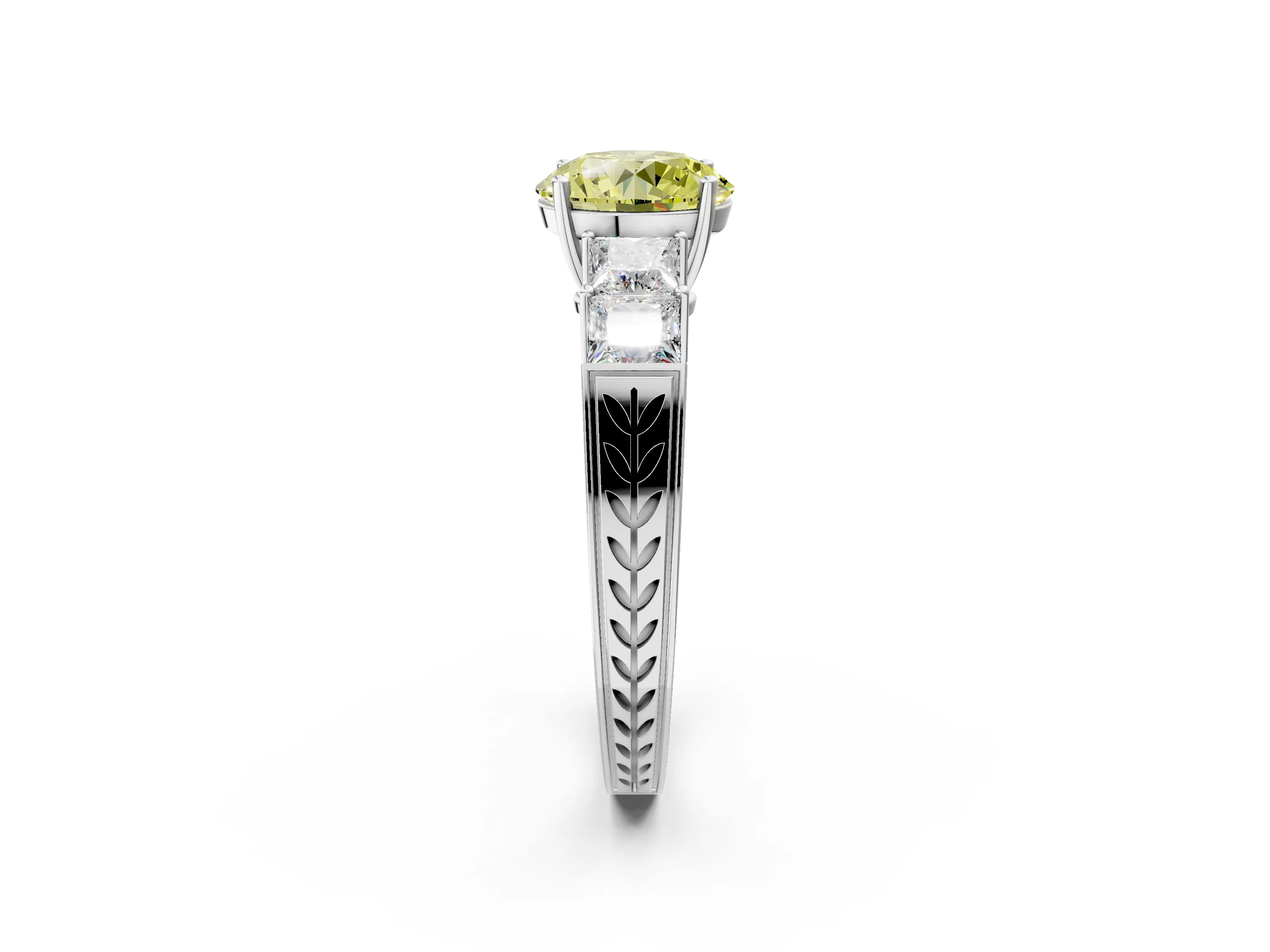 White gold Fancy Yellow Round Cut Solitaire Princess Side Stone Engraved Band Prong Setting Ring_26