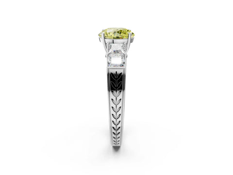 White gold Fancy Yellow Round Cut Solitaire Princess Side Stone Engraved Band Prong Setting Ring_26
