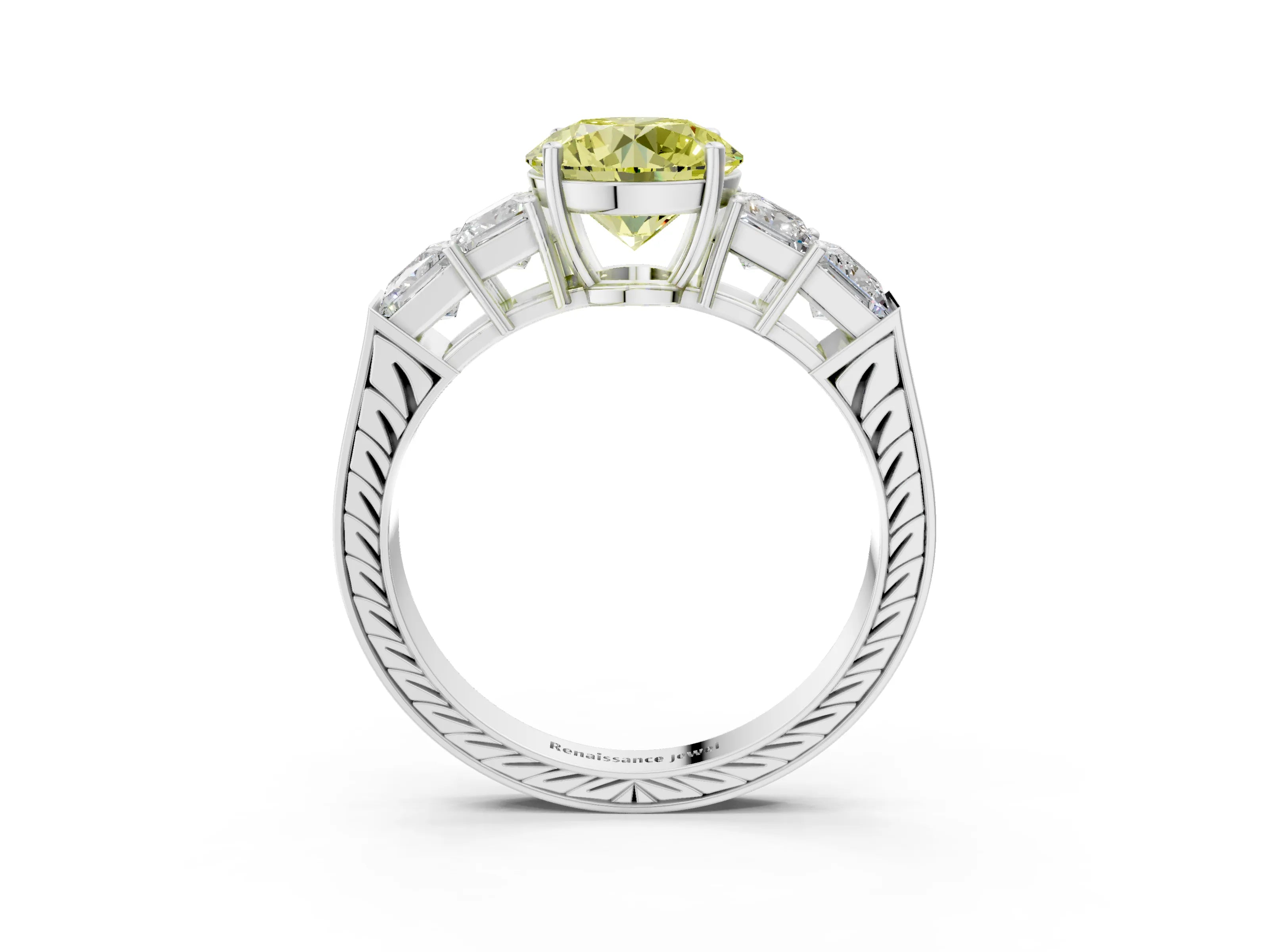 White gold Fancy Yellow Round Cut Solitaire Princess Side Stone Engraved Band Prong Setting Ring_27