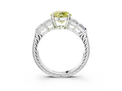 White gold Fancy Yellow Round Cut Solitaire Princess Side Stone Engraved Band Prong Setting Ring_27