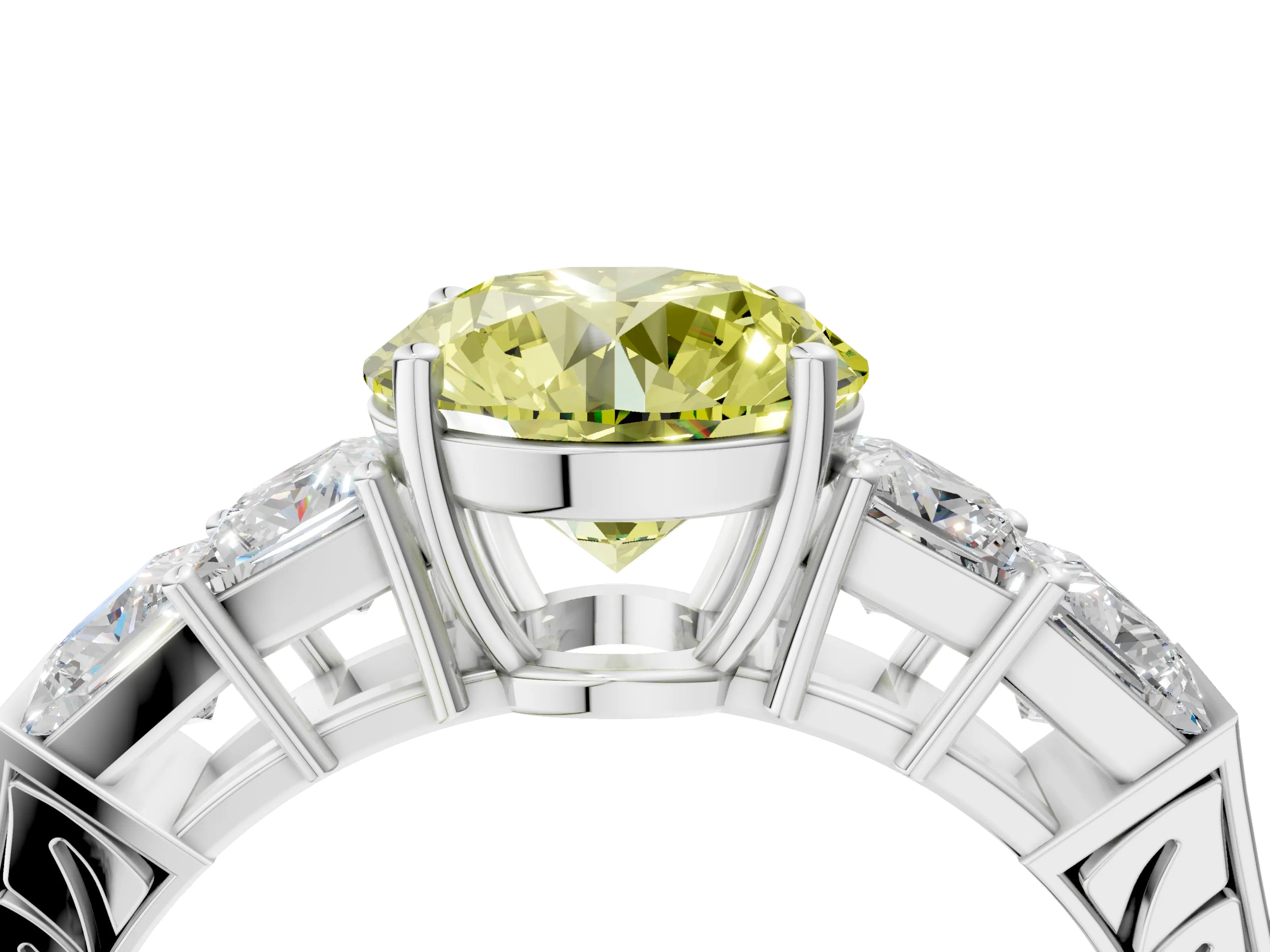 White gold Fancy Yellow Round Cut Solitaire Princess Side Stone Engraved Band Prong Setting Ring_28