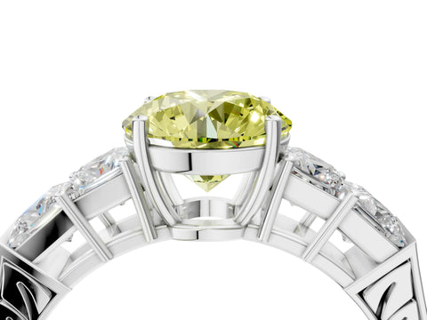 White gold Fancy Yellow Round Cut Solitaire Princess Side Stone Engraved Band Prong Setting Ring_28