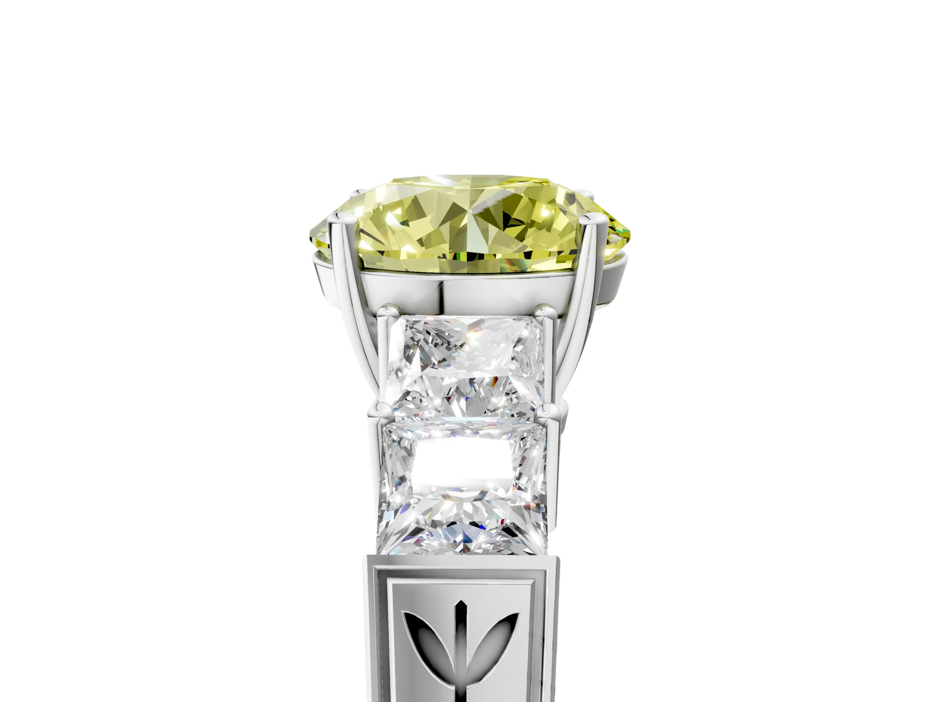 White gold Fancy Yellow Round Cut Solitaire Princess Side Stone Engraved Band Prong Setting Ring_29