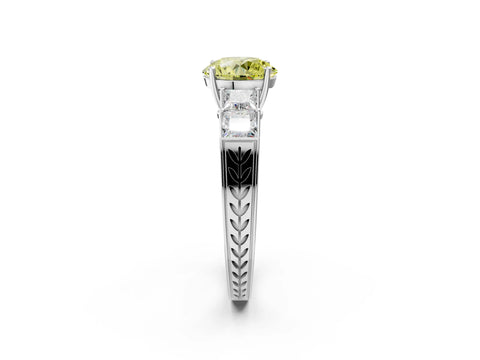 White gold Fancy Yellow Round Cut Solitaire Princess Side Stone Engraved Band Prong Setting Ring_2