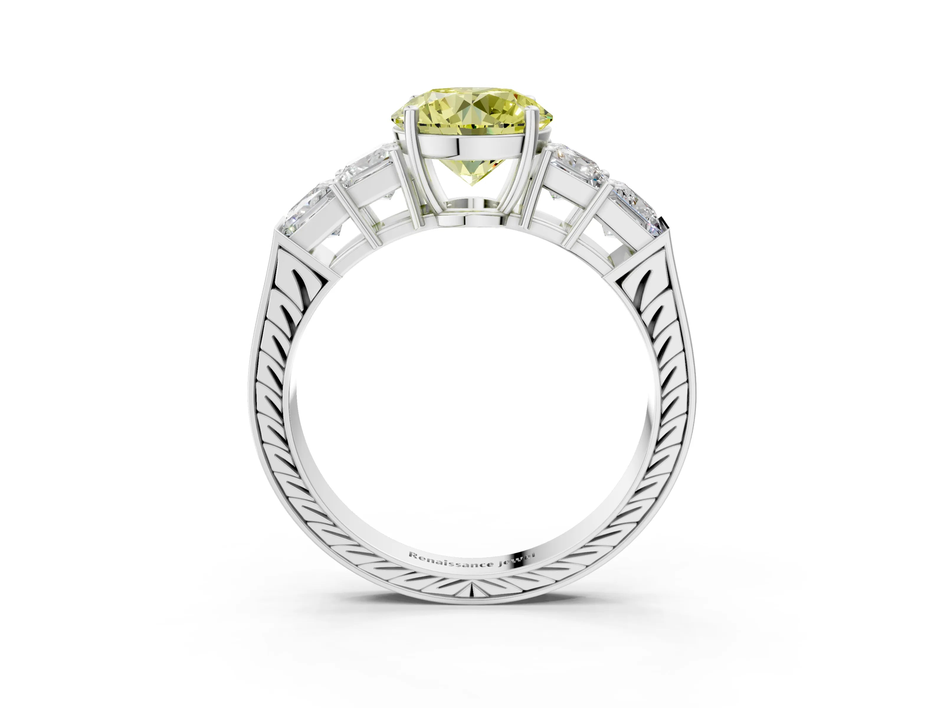 White gold Fancy Yellow Round Cut Solitaire Princess Side Stone Engraved Band Prong Setting Ring_3