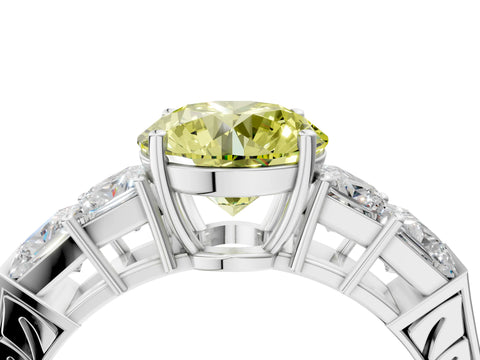 White gold Fancy Yellow Round Cut Solitaire Princess Side Stone Engraved Band Prong Setting Ring_4