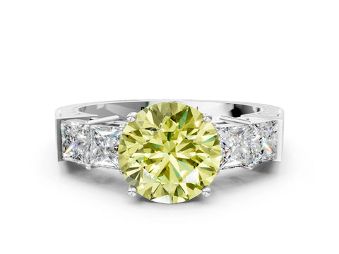 White gold Fancy Yellow Round Cut Solitaire Princess Side Stone Engraved Band Prong Setting Ring