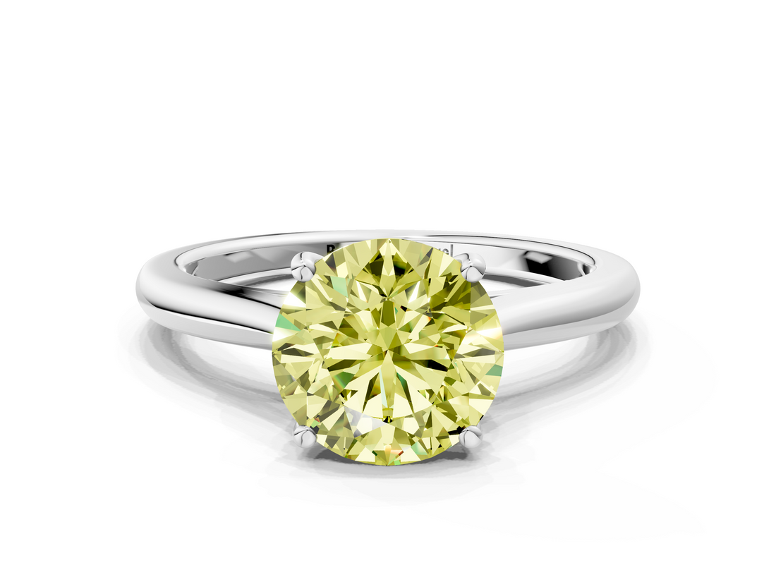 White gold Fancy Yellow Round  Cut Solitaire Ring with Cathedral Band and Four-Prong Setting