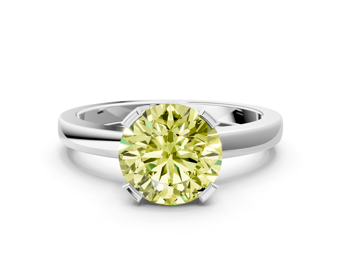 White gold Fancy Yellow Round  Cut Solitaire Ring with Four-Prong Setting and Classic Band