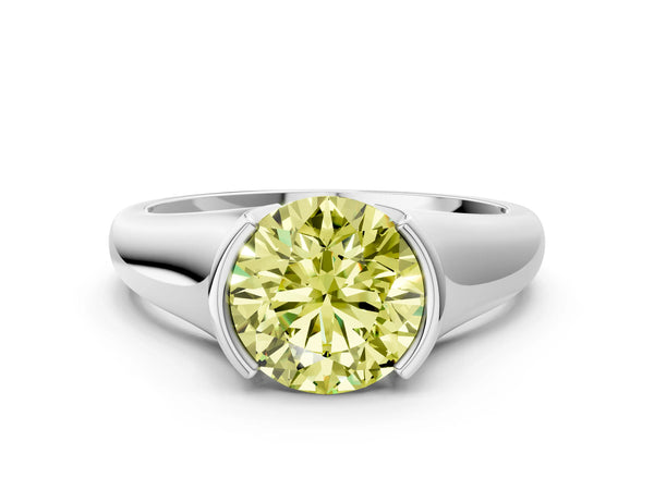 Platinum Fancy Yellow Round Cut Solitaire Tension Set Diamond Ring with Split Shank Band