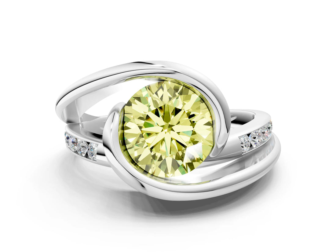 White gold Fancy Yellow Round Cut Solitaire Tension-Set Diamond Split Shank Ring