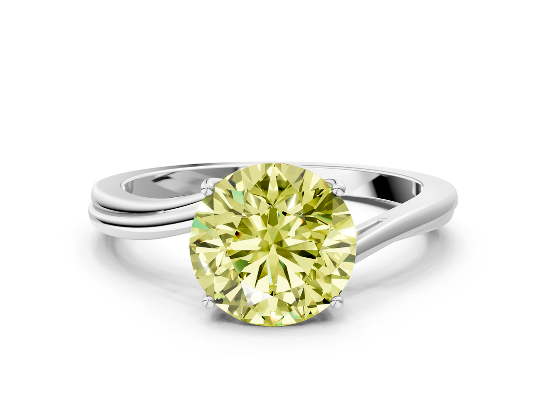 White gold Fancy Yellow Round  Cut Solitaire Twist Band Ring with Four-Prong Setting