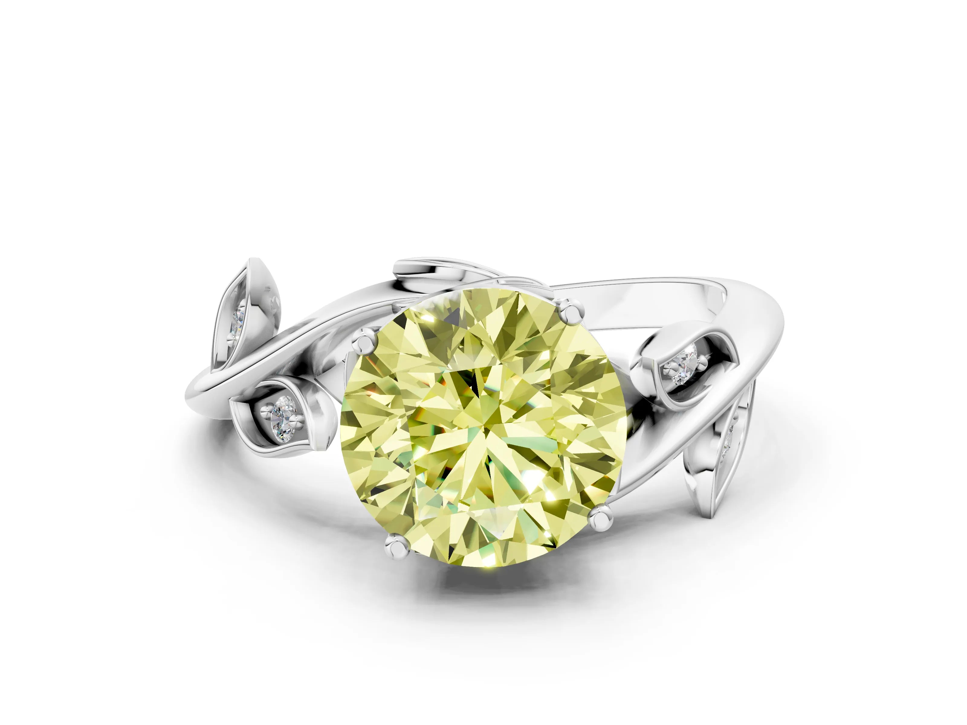 White gold Fancy Yellow Round Cut Solitaire Twist Engagement Ring with Leaf Accents and Prong Setting_12