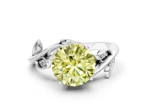 White gold Fancy Yellow Round Cut Solitaire Twist Engagement Ring with Leaf Accents and Prong Setting_12