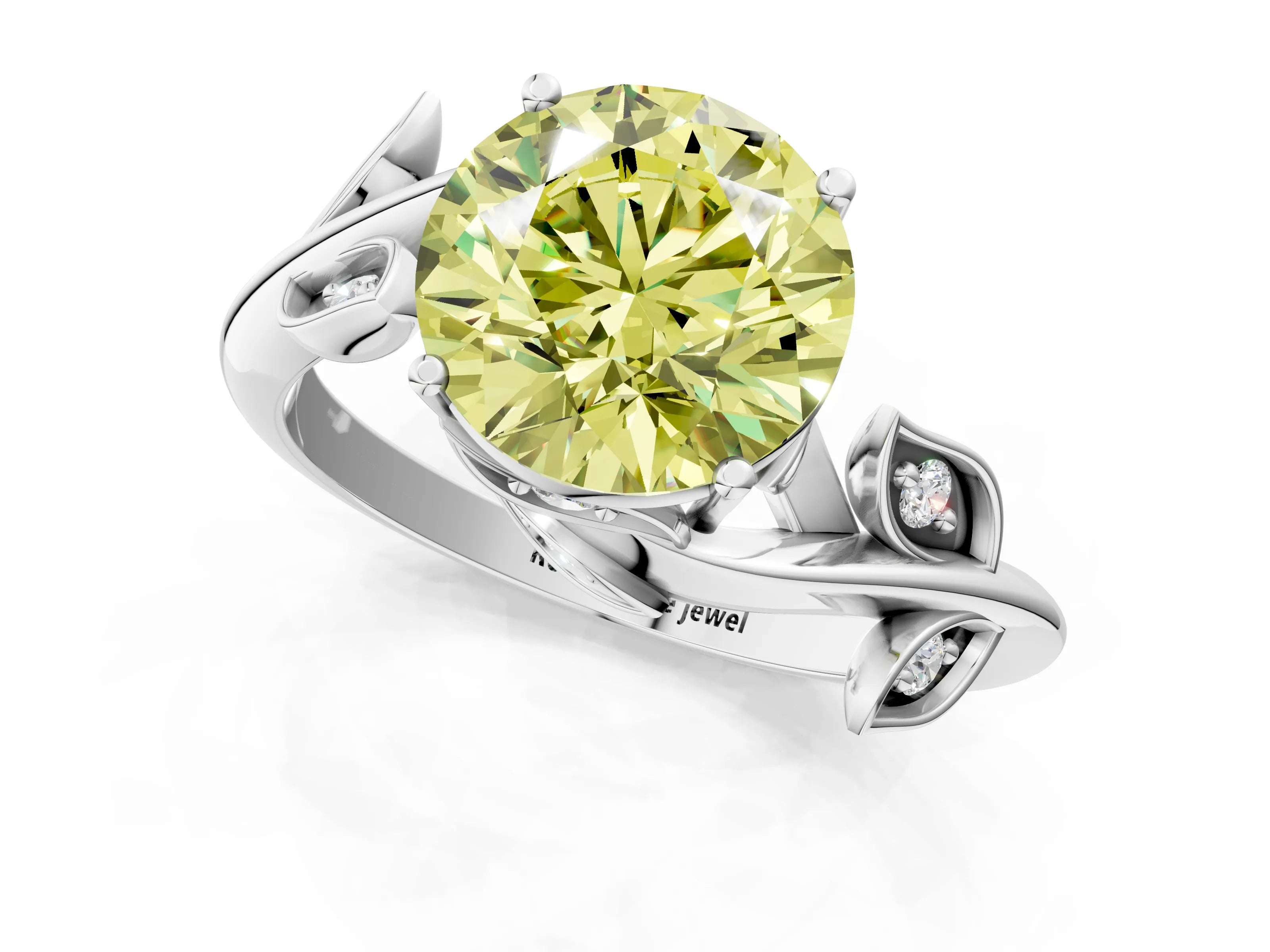 White gold Fancy Yellow Round Cut Solitaire Twist Engagement Ring with Leaf Accents and Prong Setting_13