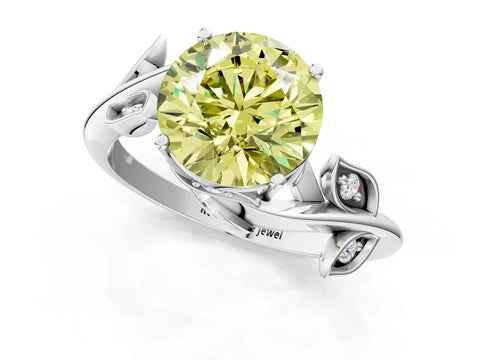 White gold Fancy Yellow Round Cut Solitaire Twist Engagement Ring with Leaf Accents and Prong Setting_13