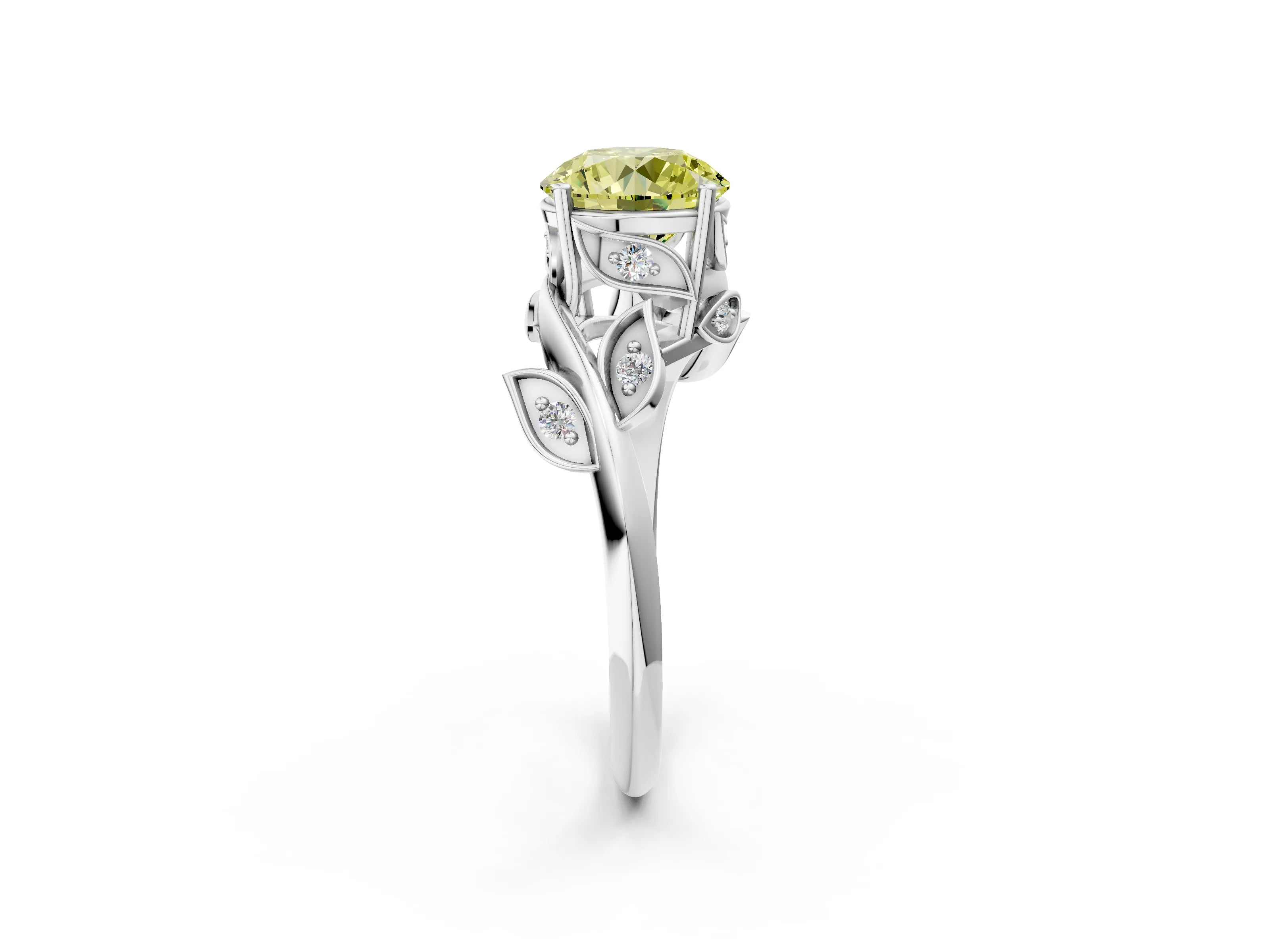 White gold Fancy Yellow Round Cut Solitaire Twist Engagement Ring with Leaf Accents and Prong Setting_14