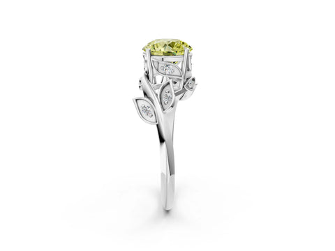 White gold Fancy Yellow Round Cut Solitaire Twist Engagement Ring with Leaf Accents and Prong Setting_14