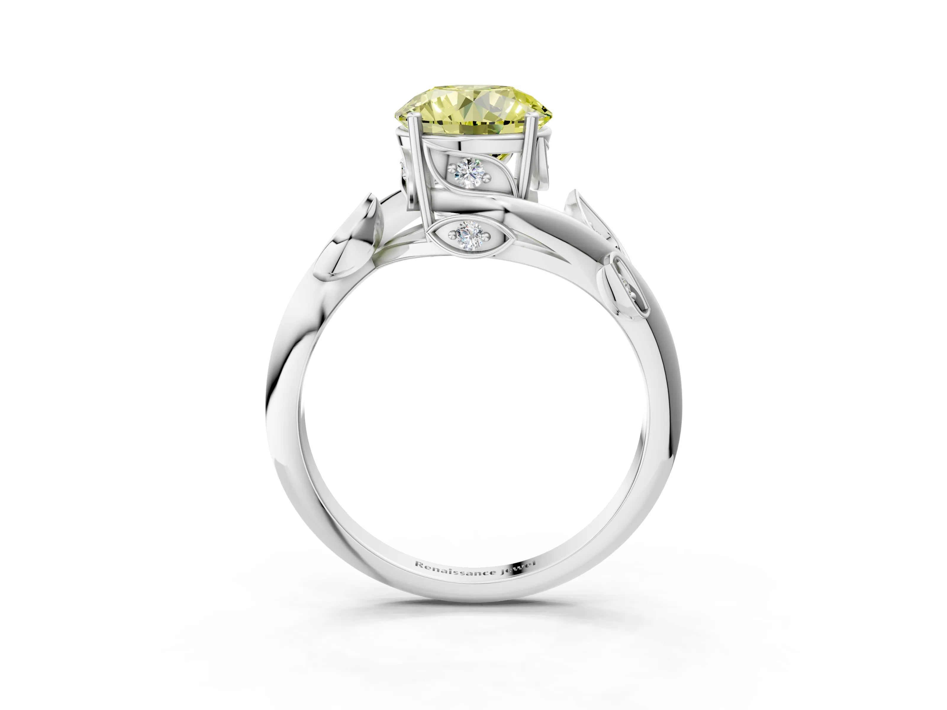 White gold Fancy Yellow Round Cut Solitaire Twist Engagement Ring with Leaf Accents and Prong Setting_15