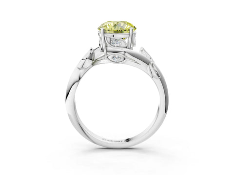 White gold Fancy Yellow Round Cut Solitaire Twist Engagement Ring with Leaf Accents and Prong Setting_15
