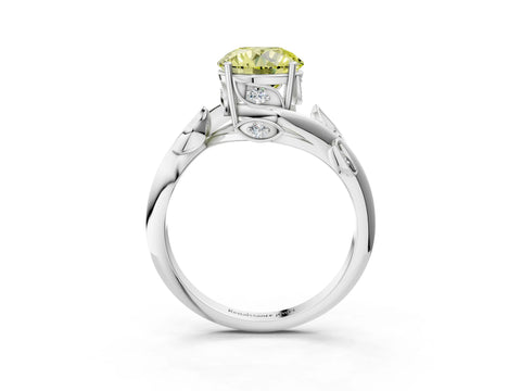 White gold Fancy Yellow Round Cut Solitaire Twist Engagement Ring with Leaf Accents and Prong Setting_15