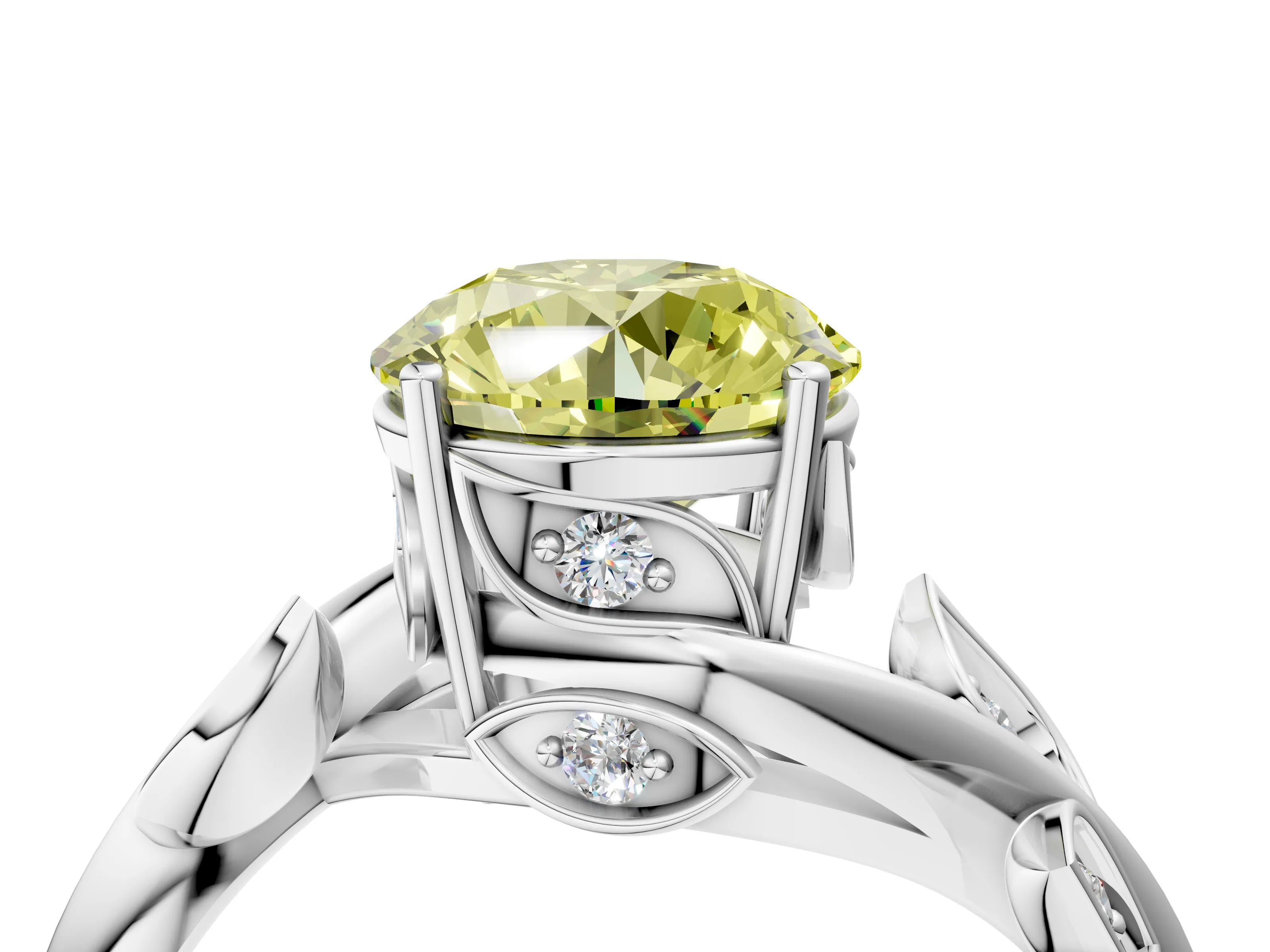 White gold Fancy Yellow Round Cut Solitaire Twist Engagement Ring with Leaf Accents and Prong Setting_16