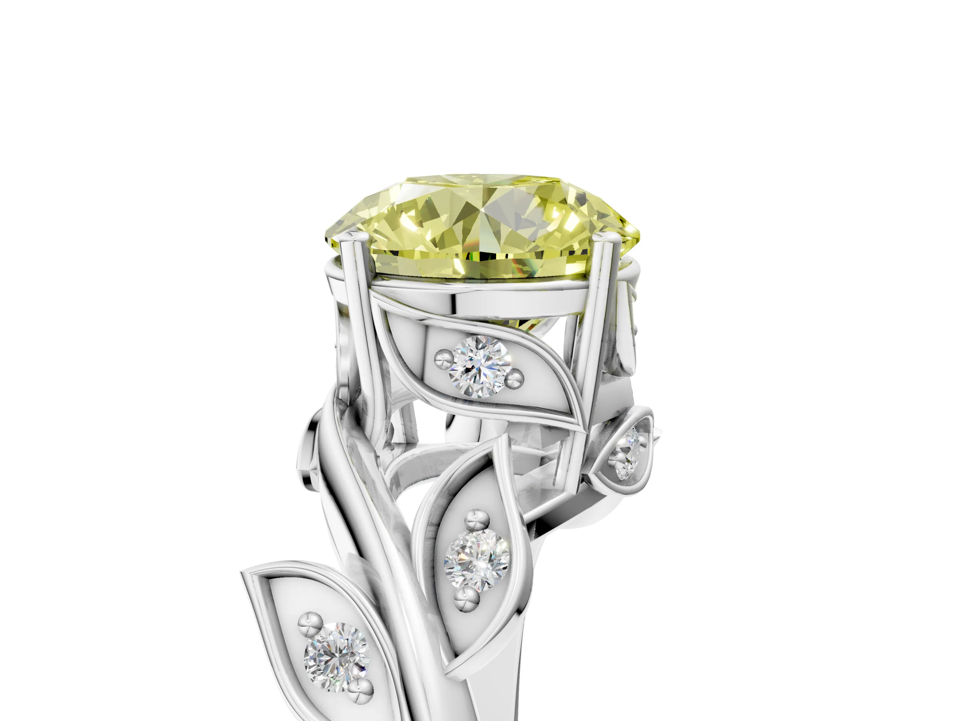 White gold Fancy Yellow Round Cut Solitaire Twist Engagement Ring with Leaf Accents and Prong Setting_17