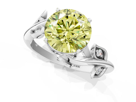 White gold Fancy Yellow Round Cut Solitaire Twist Engagement Ring with Leaf Accents and Prong Setting_1