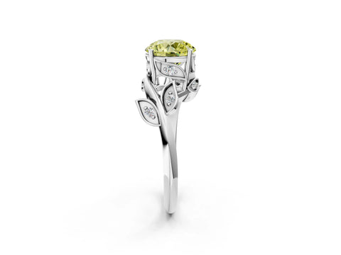 White gold Fancy Yellow Round Cut Solitaire Twist Engagement Ring with Leaf Accents and Prong Setting_2