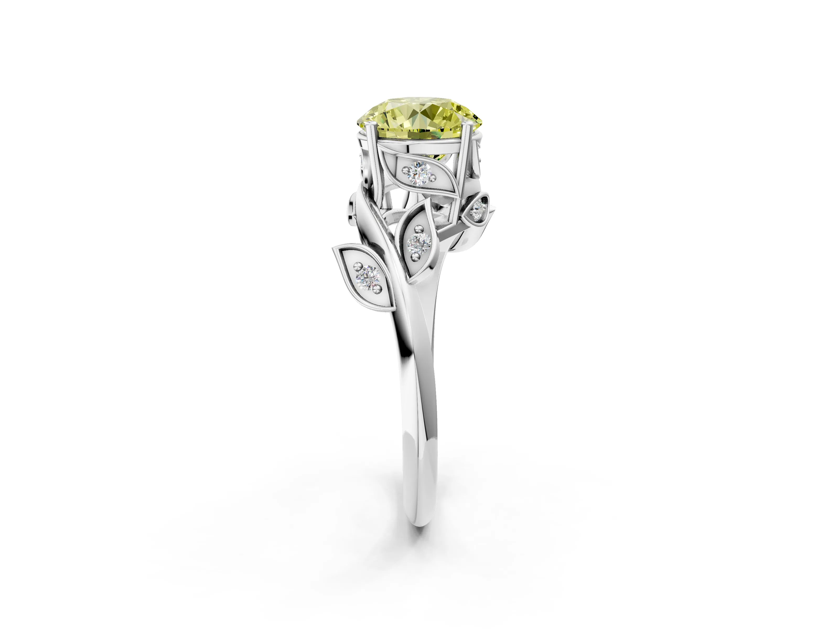 White gold Fancy Yellow Round Cut Solitaire Twist Engagement Ring with Leaf Accents and Prong Setting_2