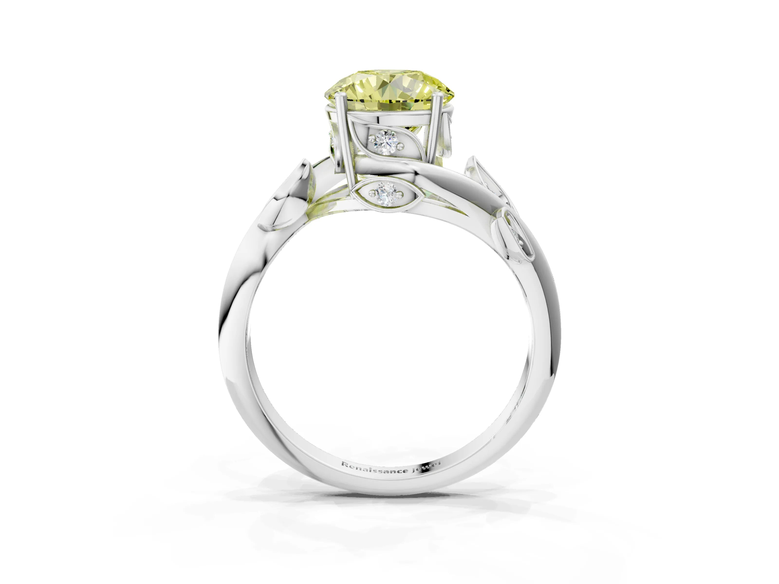White gold Fancy Yellow Round Cut Solitaire Twist Engagement Ring with Leaf Accents and Prong Setting_3