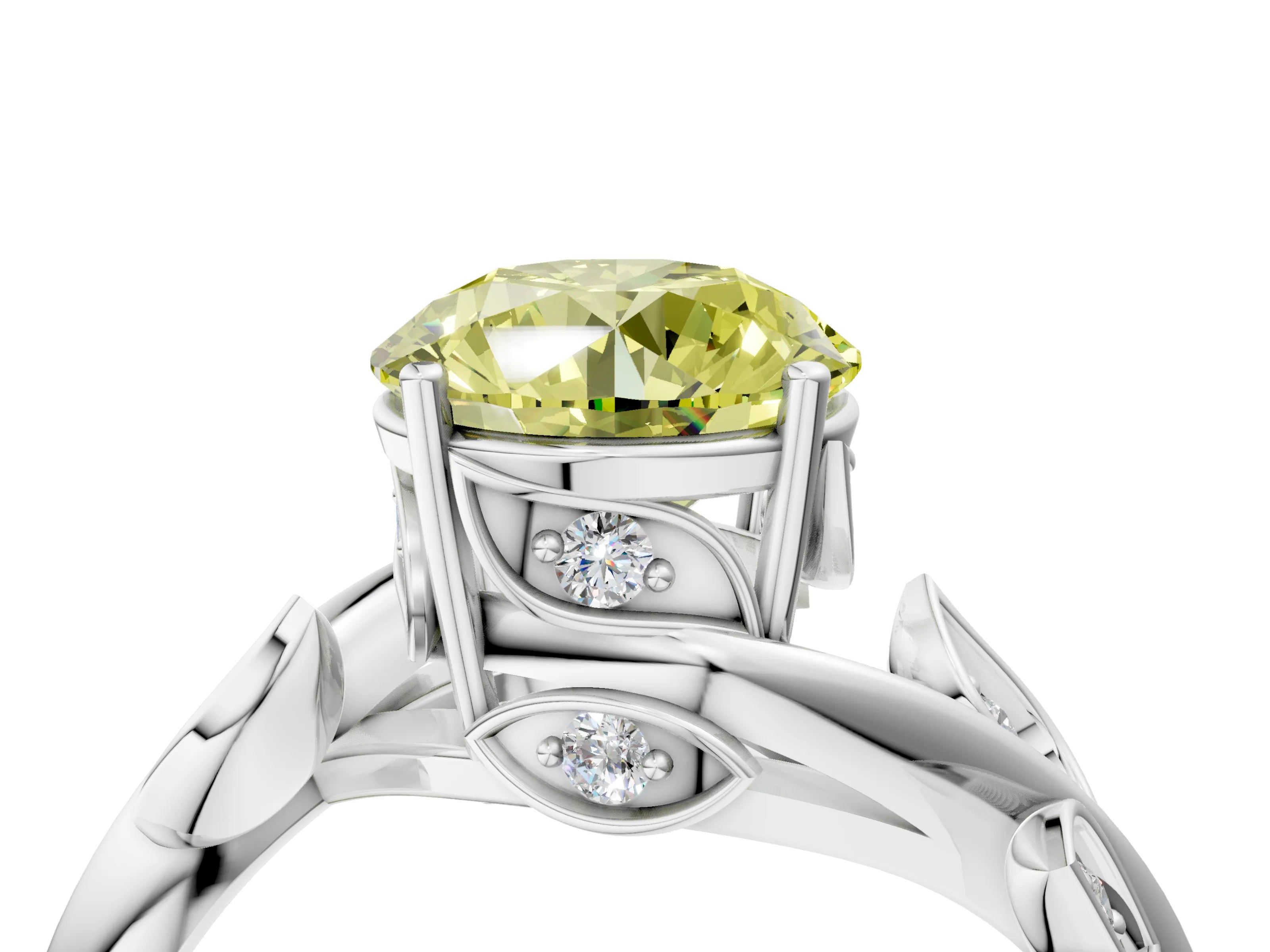 White gold Fancy Yellow Round Cut Solitaire Twist Engagement Ring with Leaf Accents and Prong Setting_4