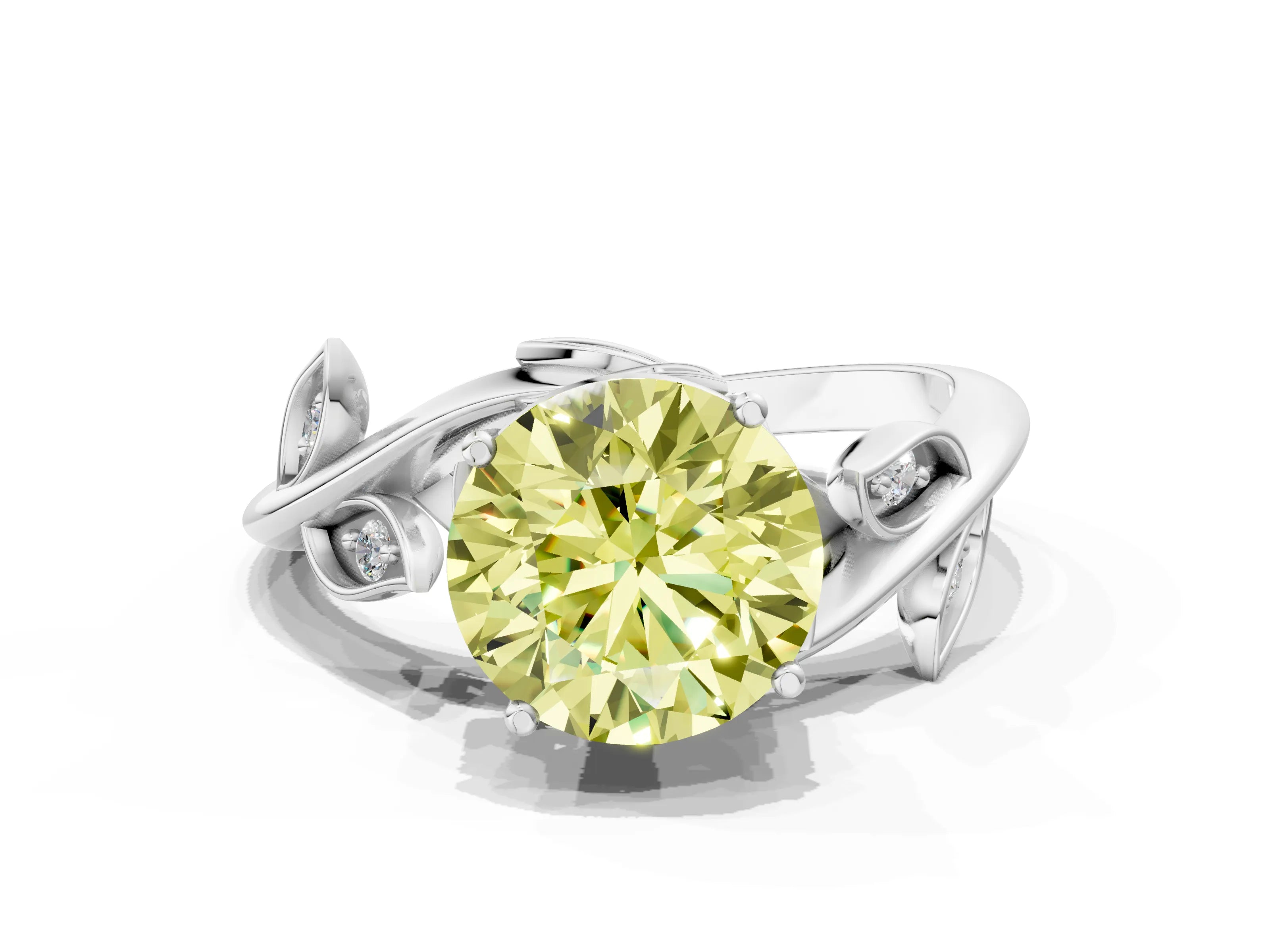 White gold Fancy Yellow Round Cut Solitaire Twist Engagement Ring with Leaf Accents and Prong Setting