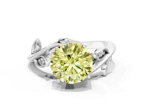White gold Fancy Yellow Round Cut Solitaire Twist Engagement Ring with Leaf Accents and Prong Setting