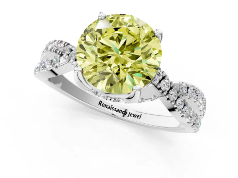 White gold Fancy Yellow Round Cut Solitaire Twist Pave Diamond Engagement Ring with Prong Setting_1