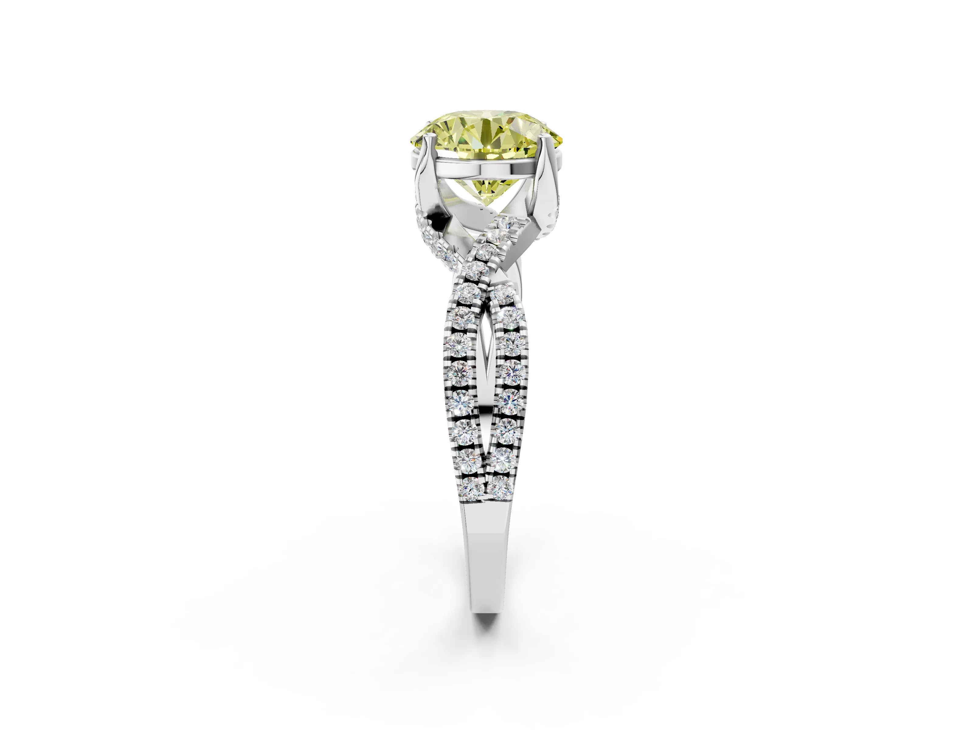 White gold Fancy Yellow Round Cut Solitaire Twist Pave Diamond Engagement Ring with Prong Setting_2