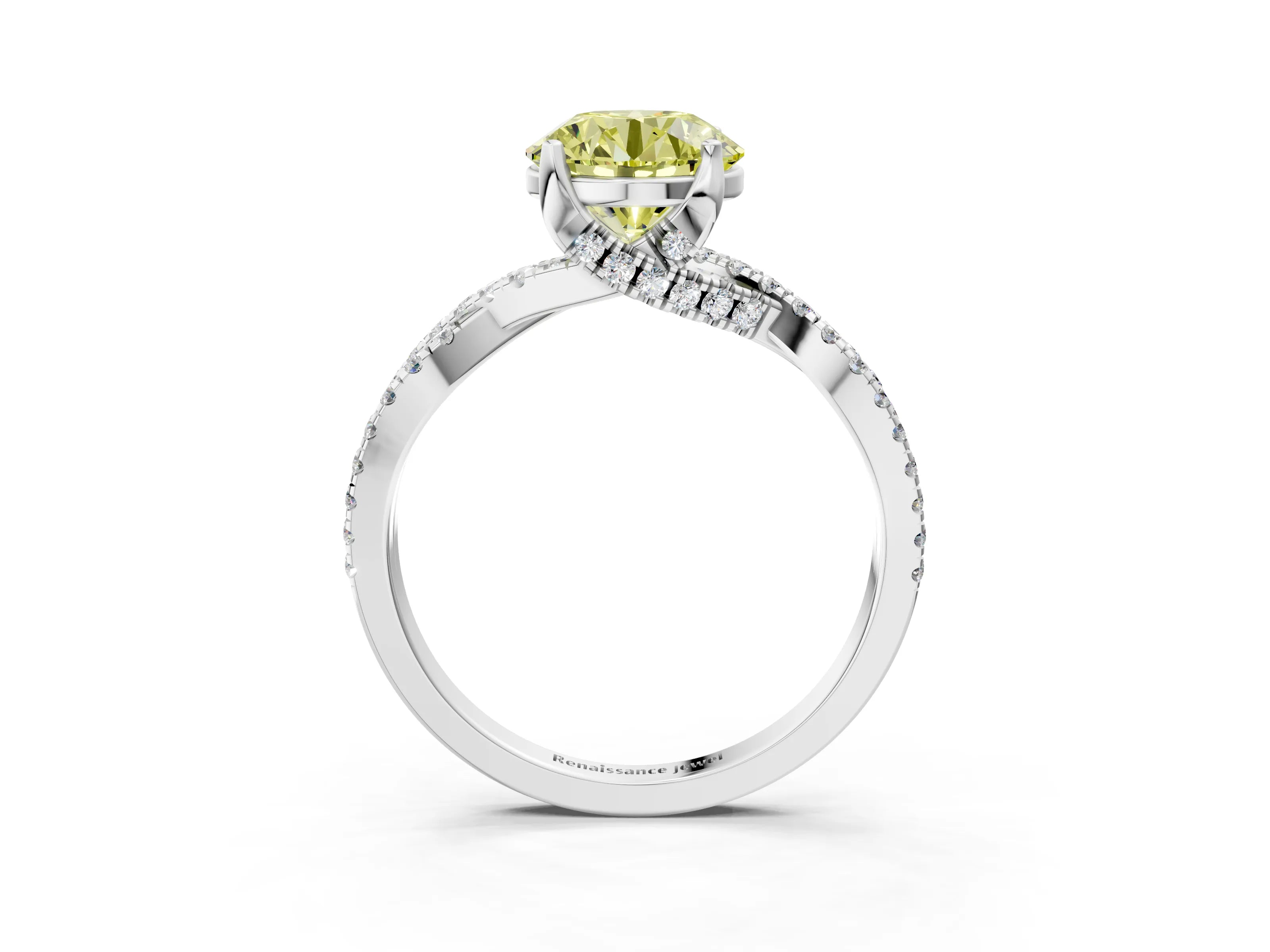 White gold Fancy Yellow Round Cut Solitaire Twist Pave Diamond Engagement Ring with Prong Setting_3