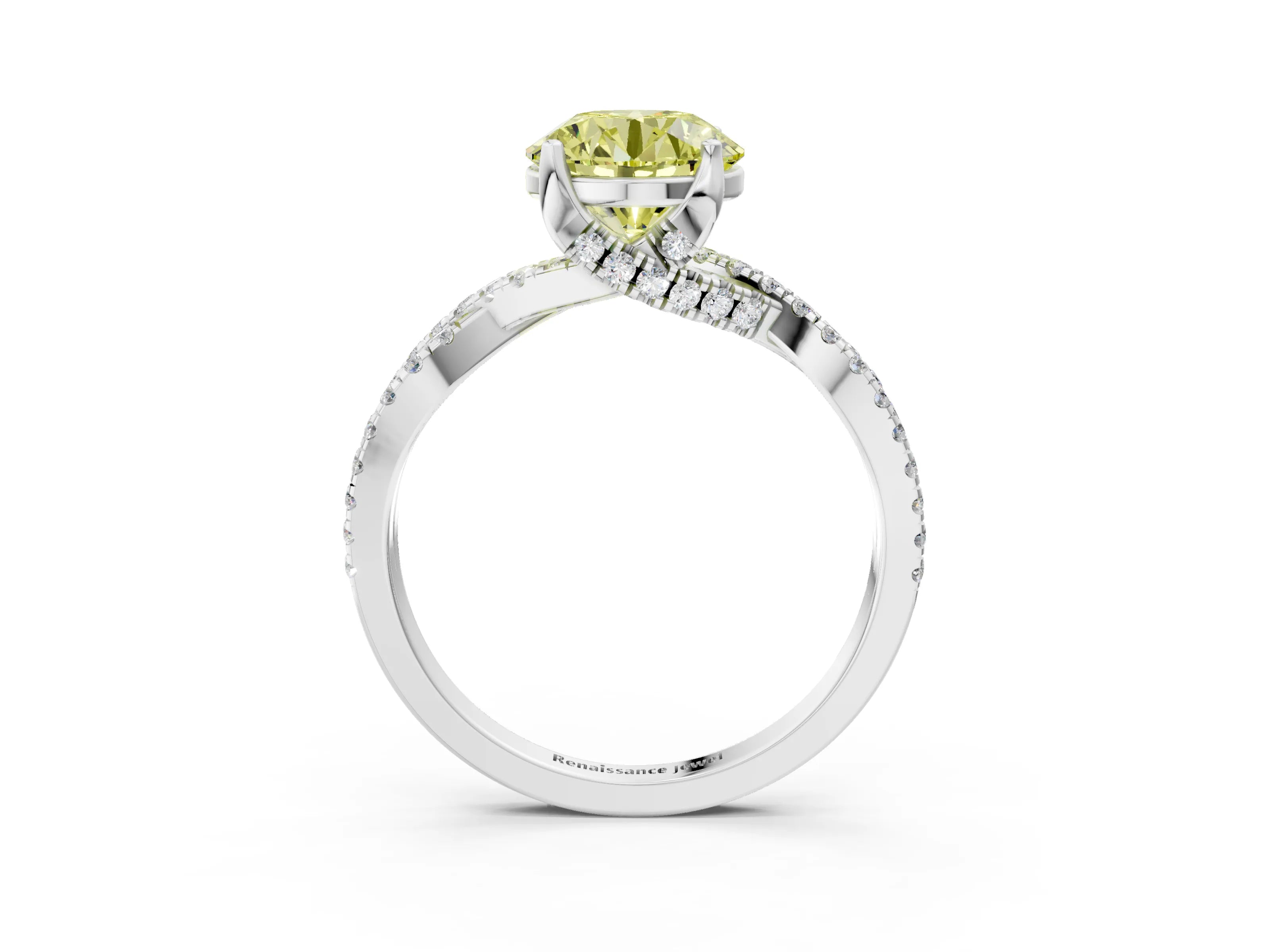 White gold Fancy Yellow Round Cut Solitaire Twist Pave Diamond Engagement Ring with Prong Setting_3