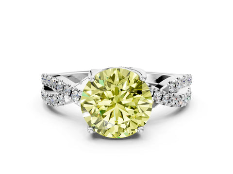 White gold Fancy Yellow Round Cut Solitaire Twist Pave Diamond Engagement Ring with Prong Setting