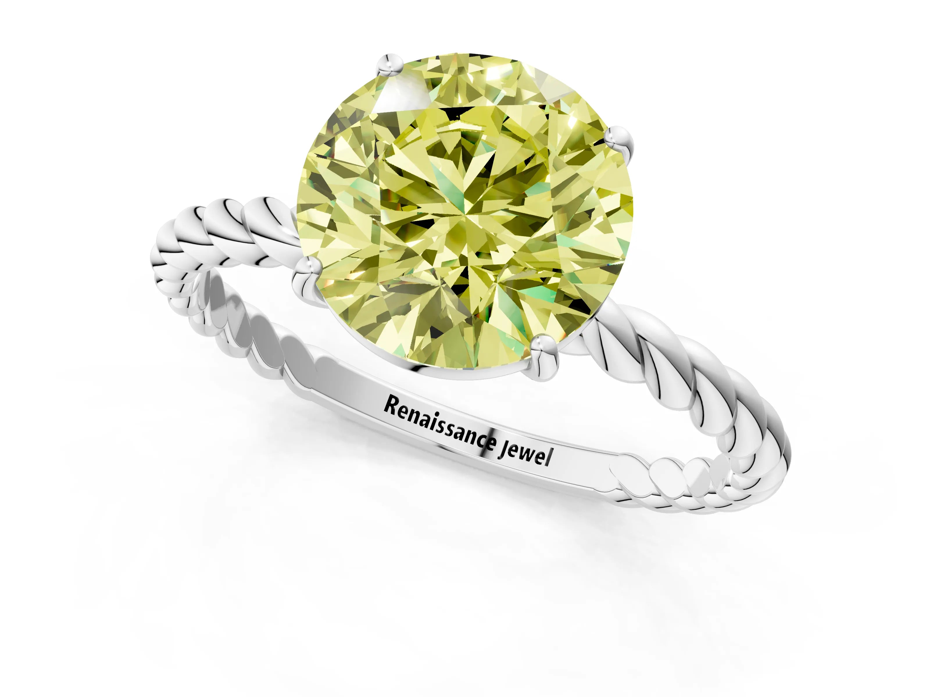 White gold Fancy Yellow Round Cut Solitaire Twisted Band 4-Prong Ring_25