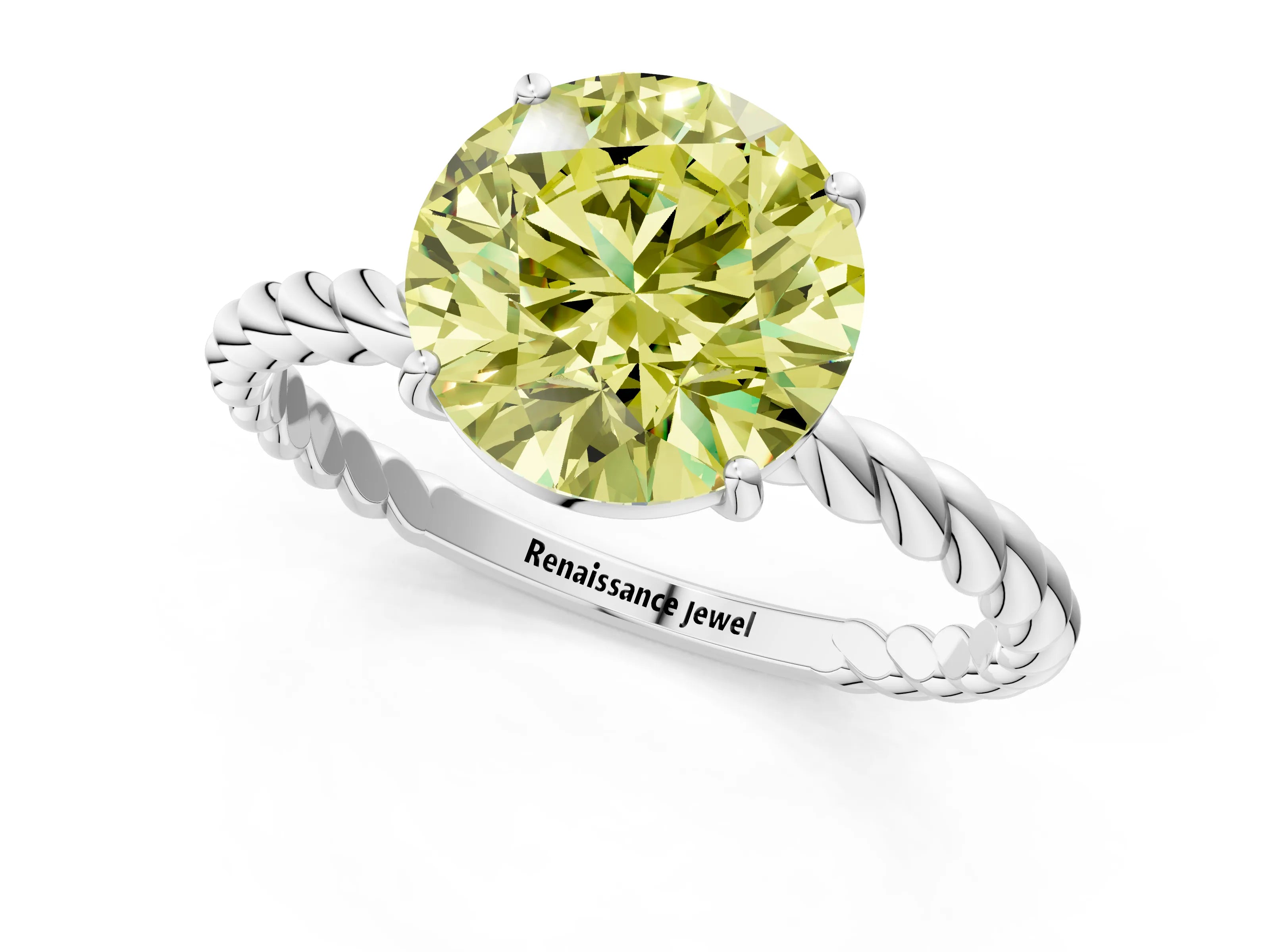 White gold Fancy Yellow Round Cut Solitaire Twisted Band 4-Prong Ring_31