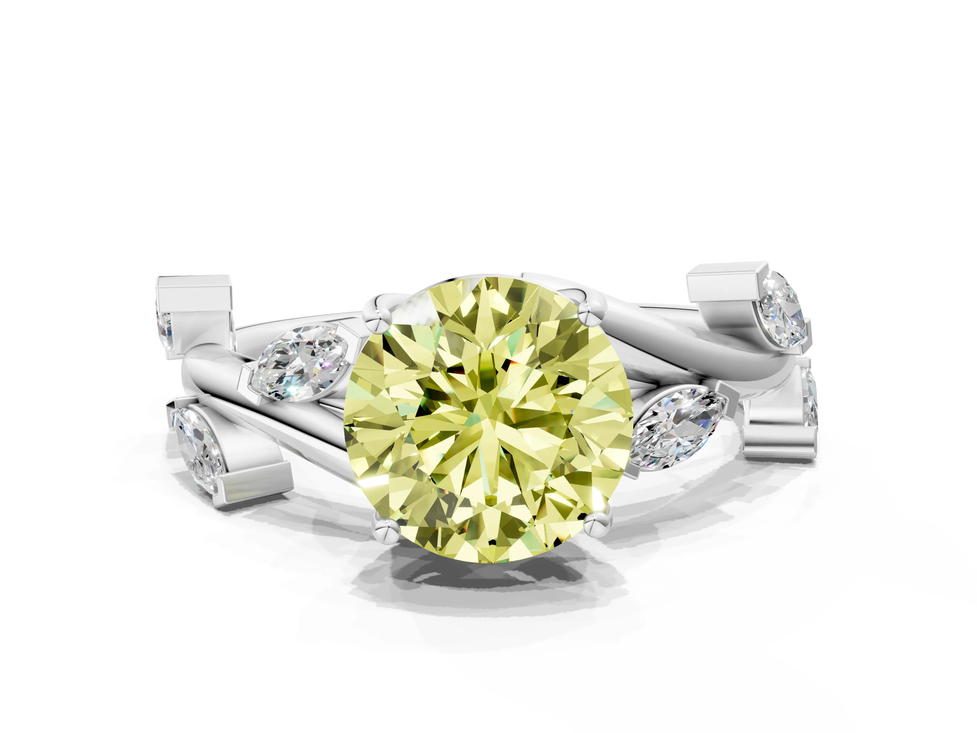 White gold Fancy Yellow Round Cut Solitaire Twisted Band Marquise Accent Prong Setting Ring_12