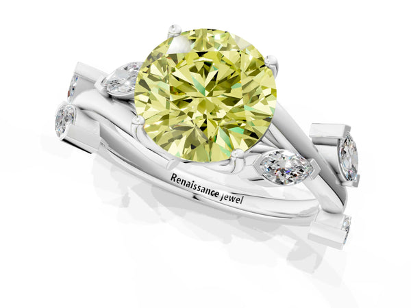 Platinum Round Marquise Accent Twisted Engagement Ring Setting for Fancy Yellow Center
