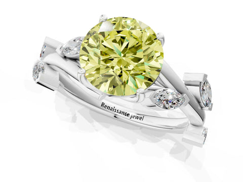 White gold Fancy Yellow Round Cut Solitaire Twisted Band Marquise Accent Prong Setting Ring_13
