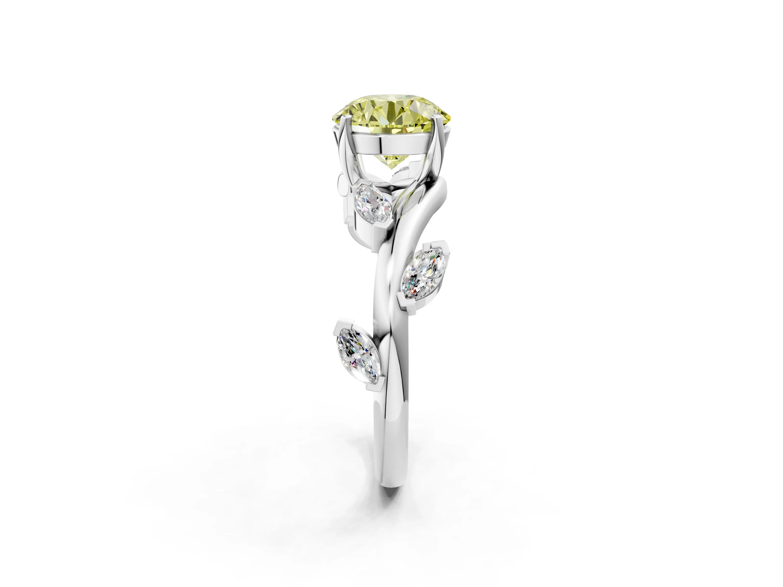 White gold Fancy Yellow Round Cut Solitaire Twisted Band Marquise Accent Prong Setting Ring_14