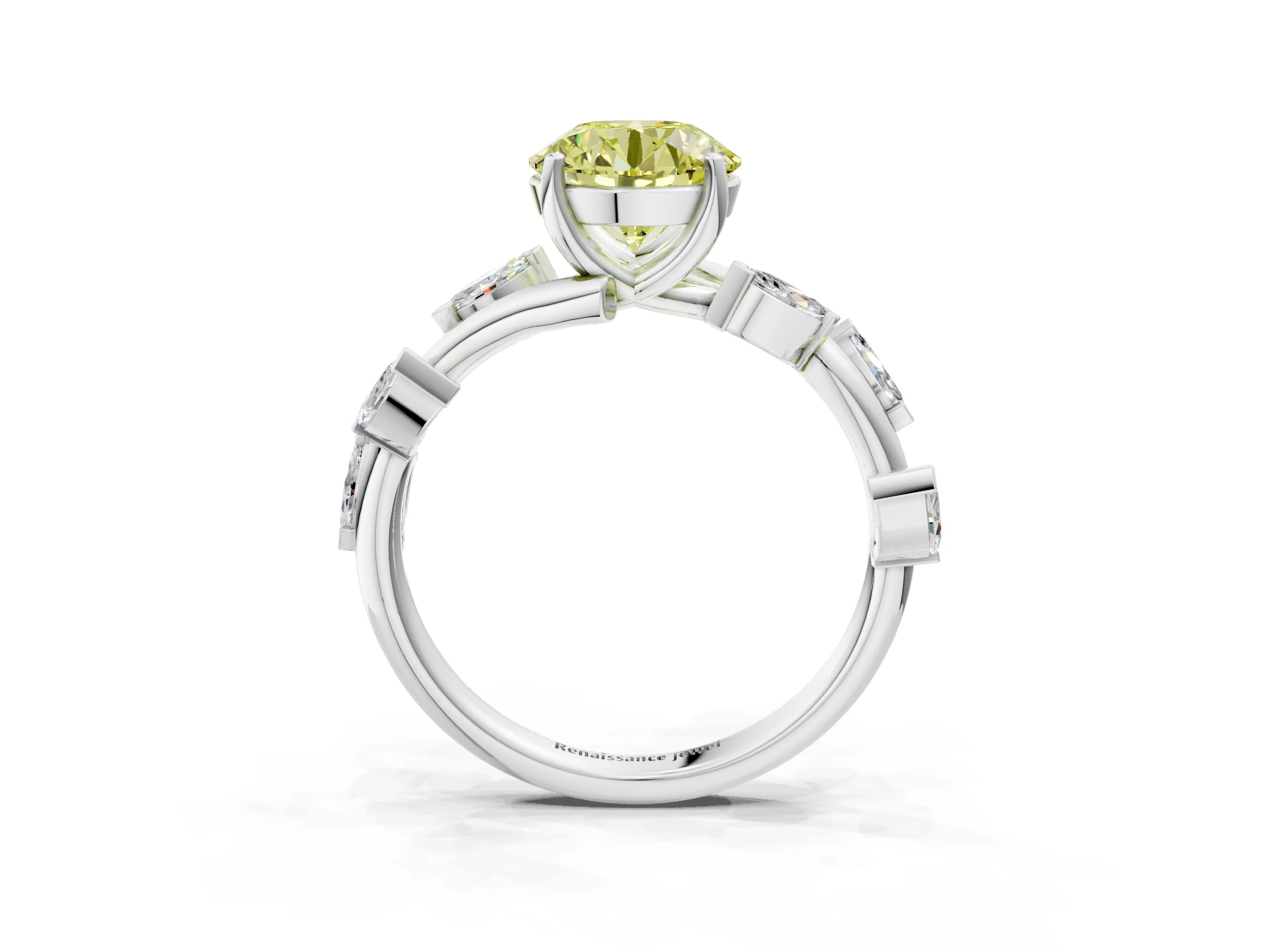 White gold Fancy Yellow Round Cut Solitaire Twisted Band Marquise Accent Prong Setting Ring_15