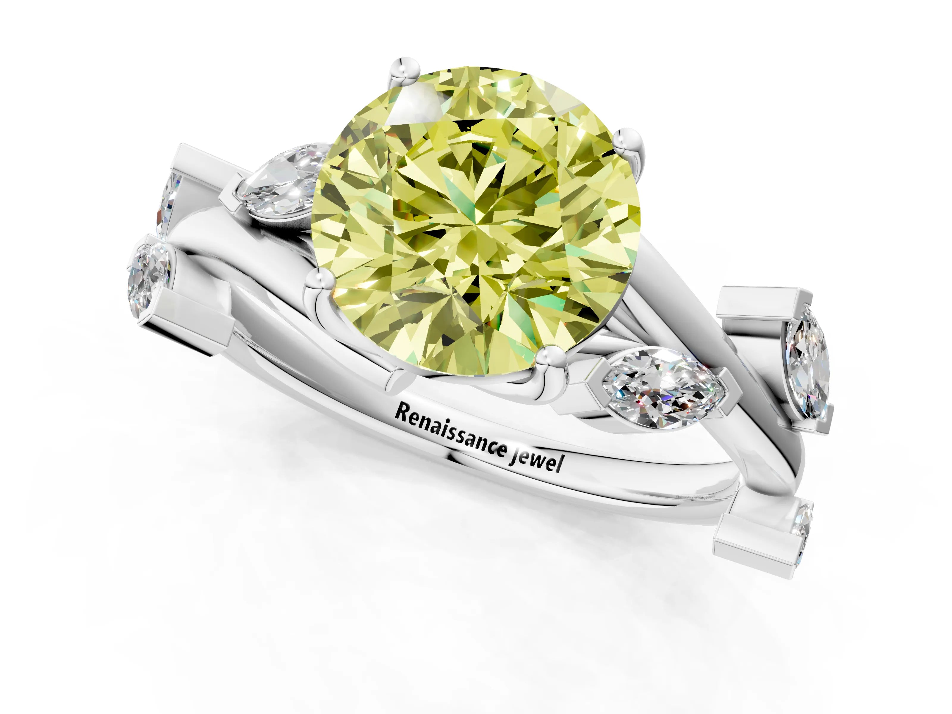 White gold Fancy Yellow Round Cut Solitaire Twisted Band Marquise Accent Prong Setting Ring_1