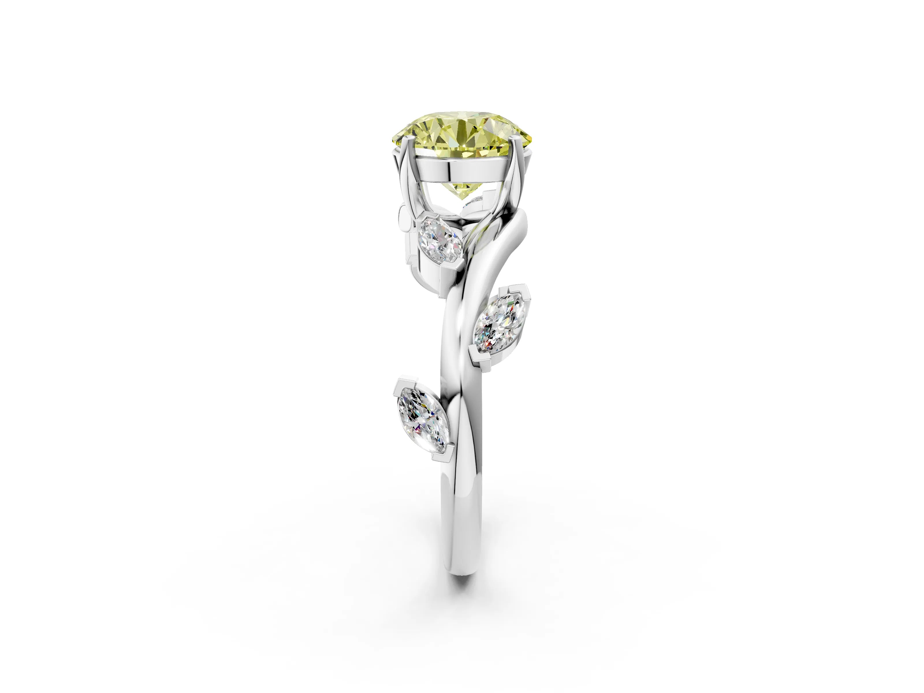 White gold Fancy Yellow Round Cut Solitaire Twisted Band Marquise Accent Prong Setting Ring_2
